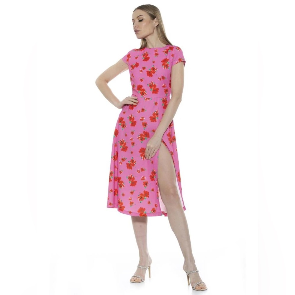 Alexia Admor Floral Crew Neckline Short Cap Sleeves Midi Length Dress Side Slit